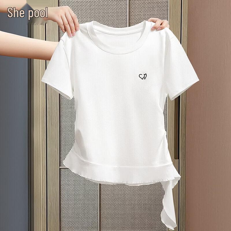 Women s Round Neck Short Sleeve Tee with Irregular Ruffle Hem S