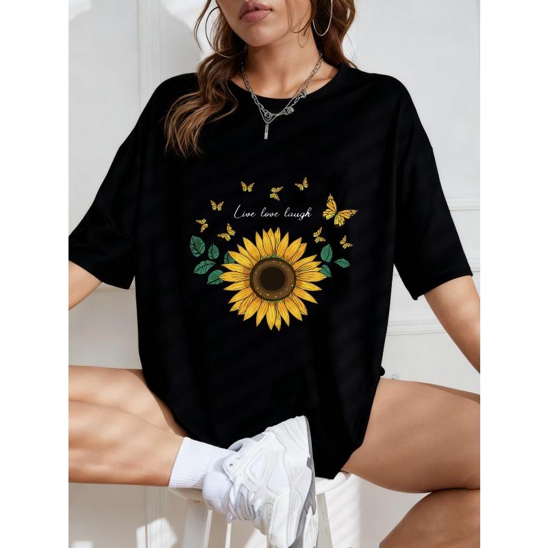 White Sunflower Print T Shirt With Butterflies And Text For Casual Wear