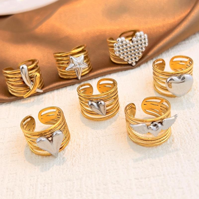 Stainless Steel Angel Wing Ring Unisex Color Block Heart Star Multi-layer Stackable Open Ring Punk Wide Non-fade Hand Jewelry