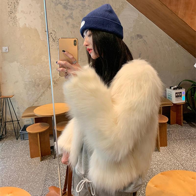 Autumn Long Sleeve Loose Plush Fox Fur Coats Women Fashion Soft Warm Short Winter Jackets Women Tops Solid Elegant Street Loose Lady Jacket Coat 25878