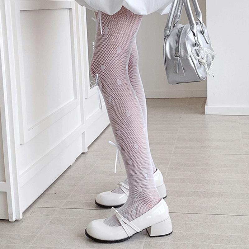 Women's Fishnet Stockings with Bowtie Girls Fish Net Tights with Designs High Waist Pantyhose Thigh High Stockings