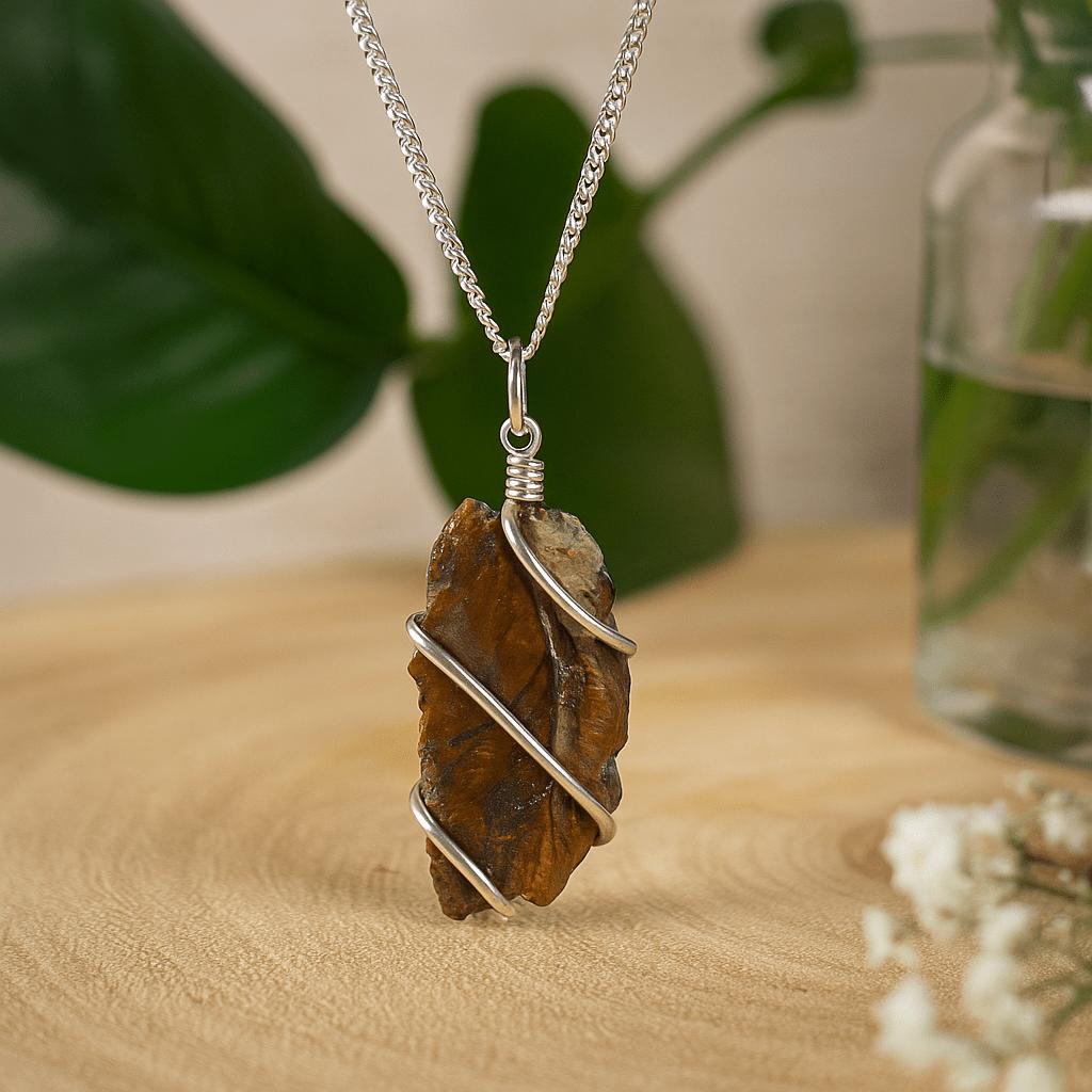 Tiger Eye Necklace Rough Wire Wrapped Pendant