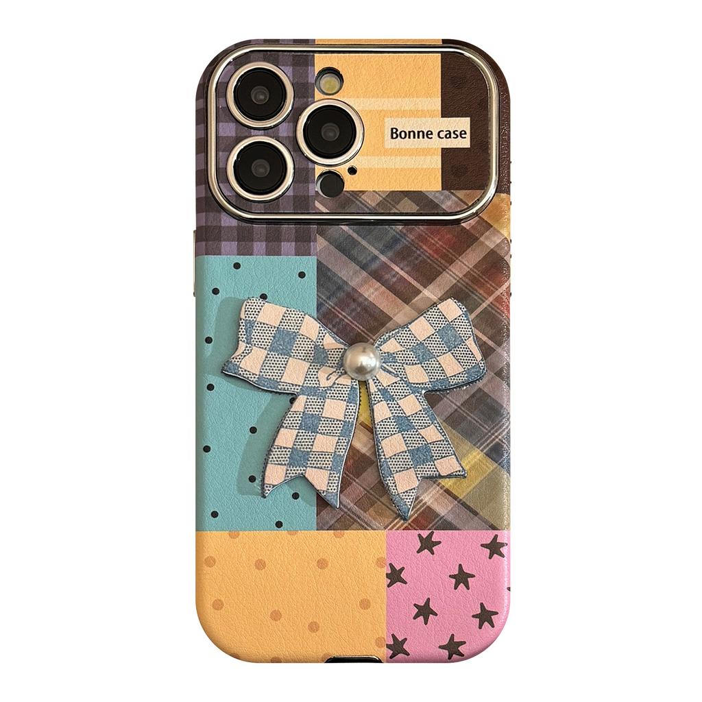 Applicable To IPhone16 IPhone Case 14promax Color Plaid Splicing 15 Three Dimensional Bow 13 Leather