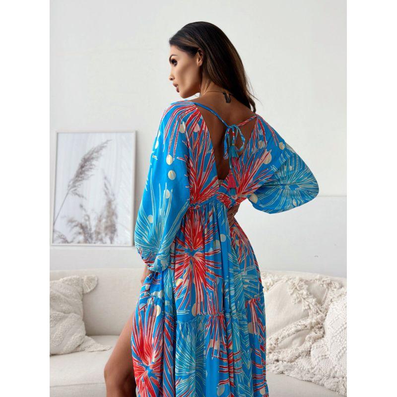 

Casual Fashion Style Elegance Retro Fashion Autumn Winter Tied V-neck Pullover Ladies French Loose Dress Blue 2XL