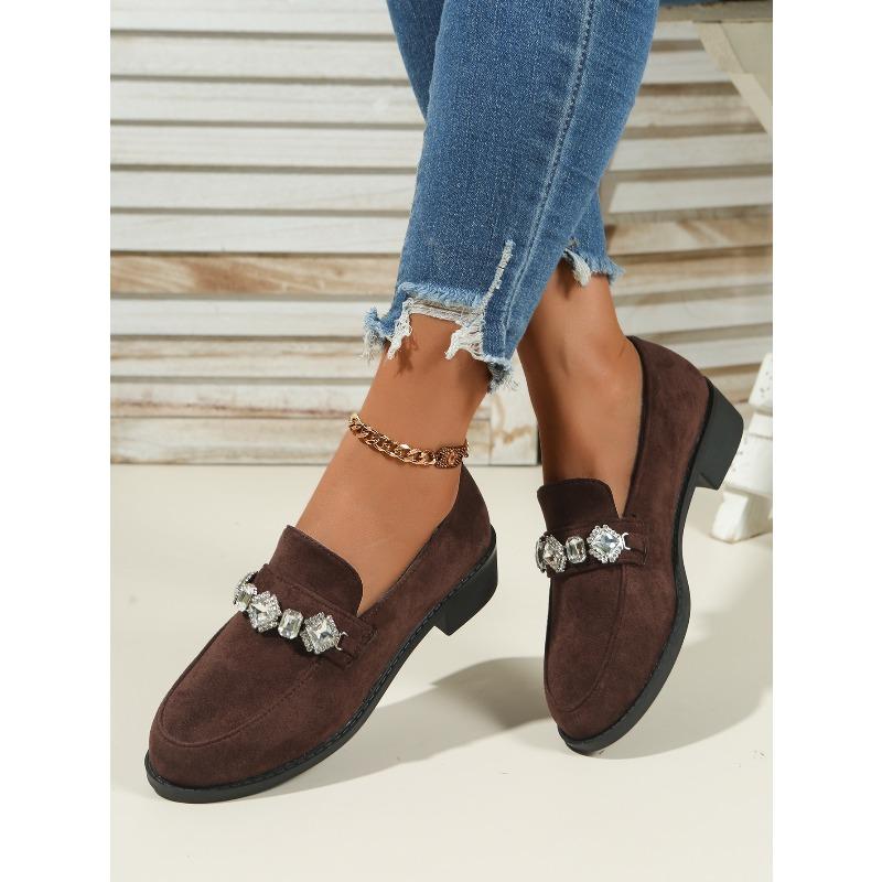 2025 Autumn New Rhinestone Suede Low-Top Shoes Thick Heels British Loafers Women