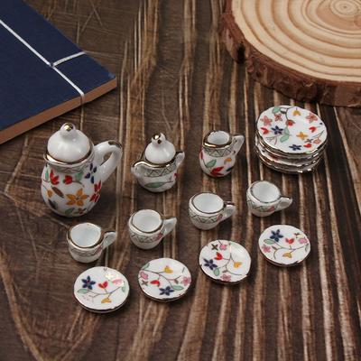 15 Pieces Mini Ceramic Tea Set 1:12 Kitchen Miniature Porcelain Set Flower Pattern Dollhouse Accessories Set