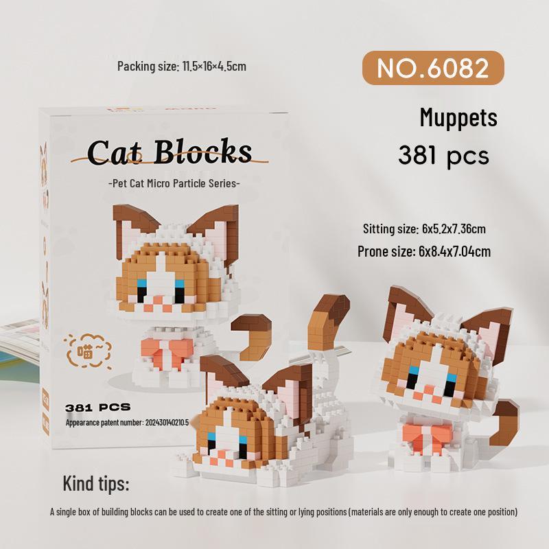 Orange Silver Shaded Cat Micro Blocks - Educational Kitten Toy Compatible with LEGO