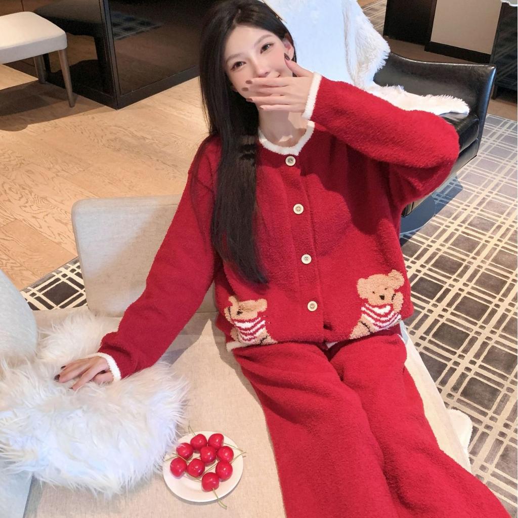 New Year's red pajamas women's half velvet Christmas bear sweet pajamas soft waxy thickened lazy wind women's loungewear