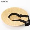 New Wide Brim Sun Hats 15cm Brim Boater Straw Hat Flat Women Summer Derby Chapeau Hat White Black Ribbon Tie Sunscreen Beach Cap