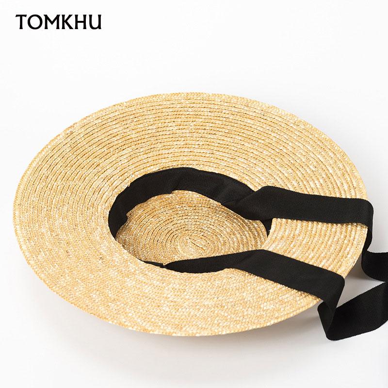 New Wide Brim Sun Hats 15cm Brim Boater Straw Hat Flat Women Summer Derby Chapeau Hat White Black Ribbon Tie Sunscreen Beach Cap