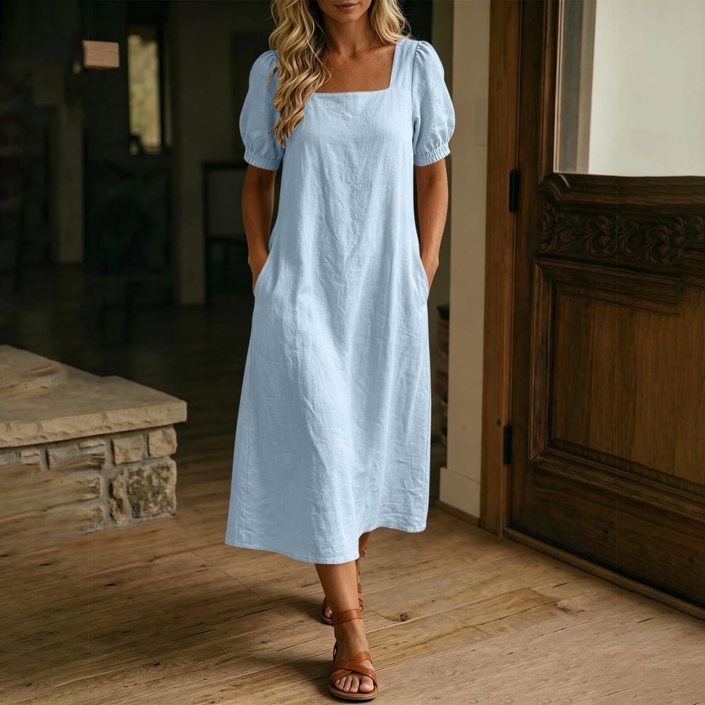 Women Casual Solid Color Square Neck Short Sleeve Linen Cotton Blend Midi Dress with Pockets Lightweight Summer Dress