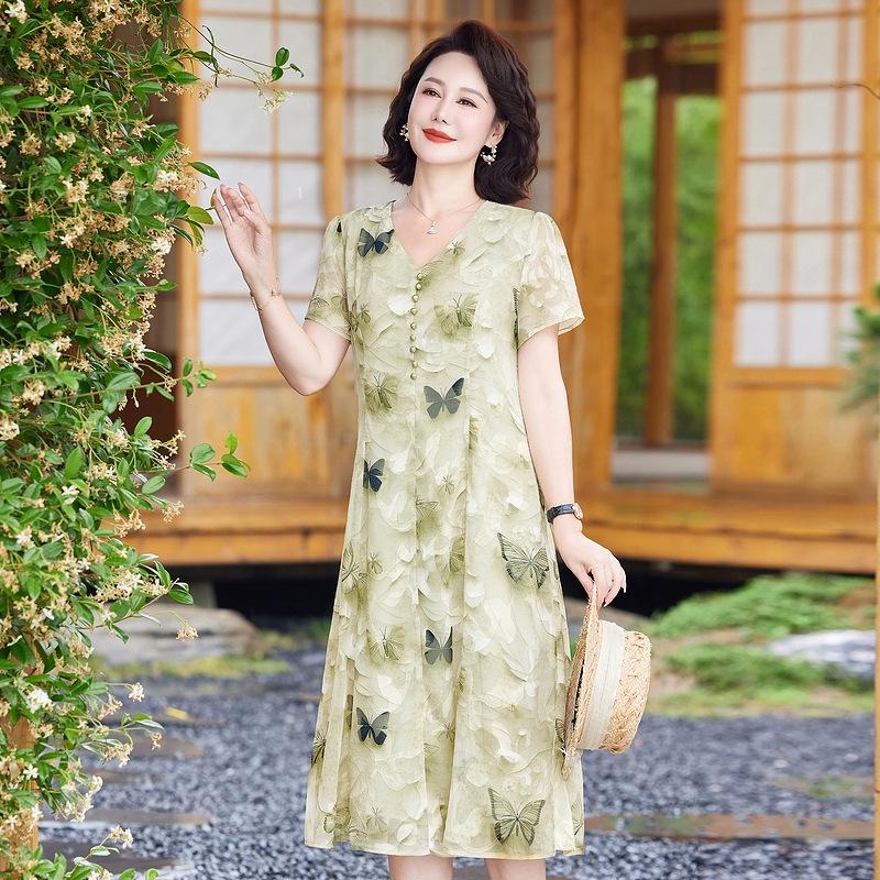 

Chiffon Butterfly Print Mid-Length Dress for Middle-Aged Women 3XL (120-135 jin) зелёный