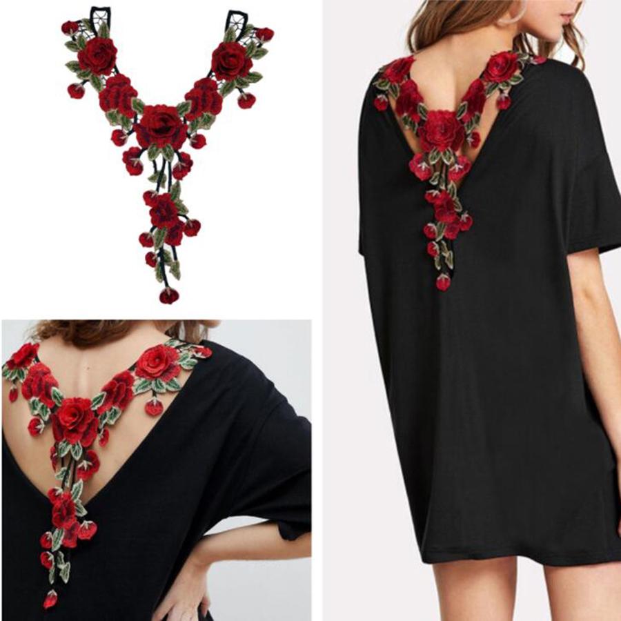 1 buc Floare Brodată Trandafir Roșu Ciucure Guler Flora Frunză Aplicații Rochie Cusut Patch Decorațiune Rochie de Mireasă