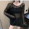 Summer 2026 Black Hollow-Out Long Sleeve Knit Cardigan – Women's Loose Ice Silk Sun Protection Outerwear.