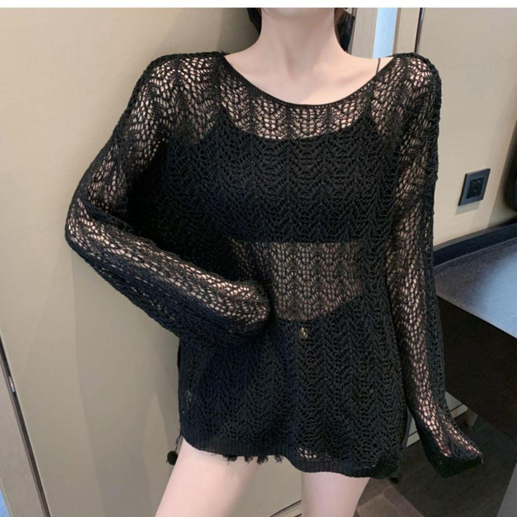 Summer 2026 Black Hollow-Out Long Sleeve Knit Cardigan – Women's Loose Ice Silk Sun Protection Outerwear.