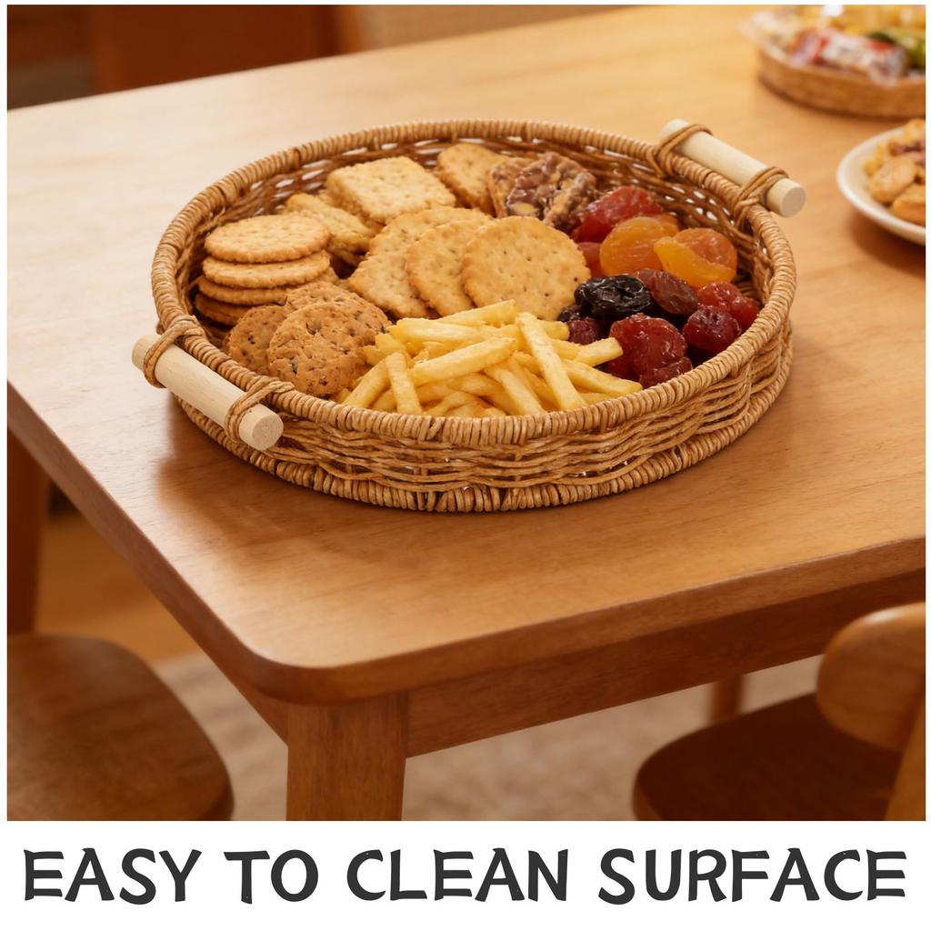 27Cm Round Woven Rattan Tray with Handles Imitation Rattan Storage Serving Basket for Bread Snacks Drinks Fruits Home Decor