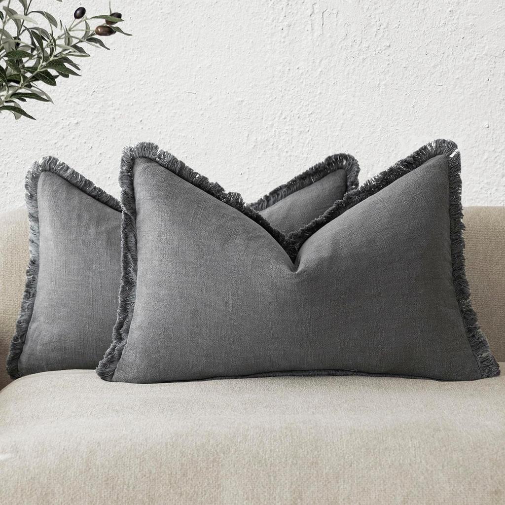 Set of 2 Decorative Linen Fringe Lumbar Throw Pillow Covers Boho Farmhouse Cushion Cover with Tassels Soft Pillowcase for Couch