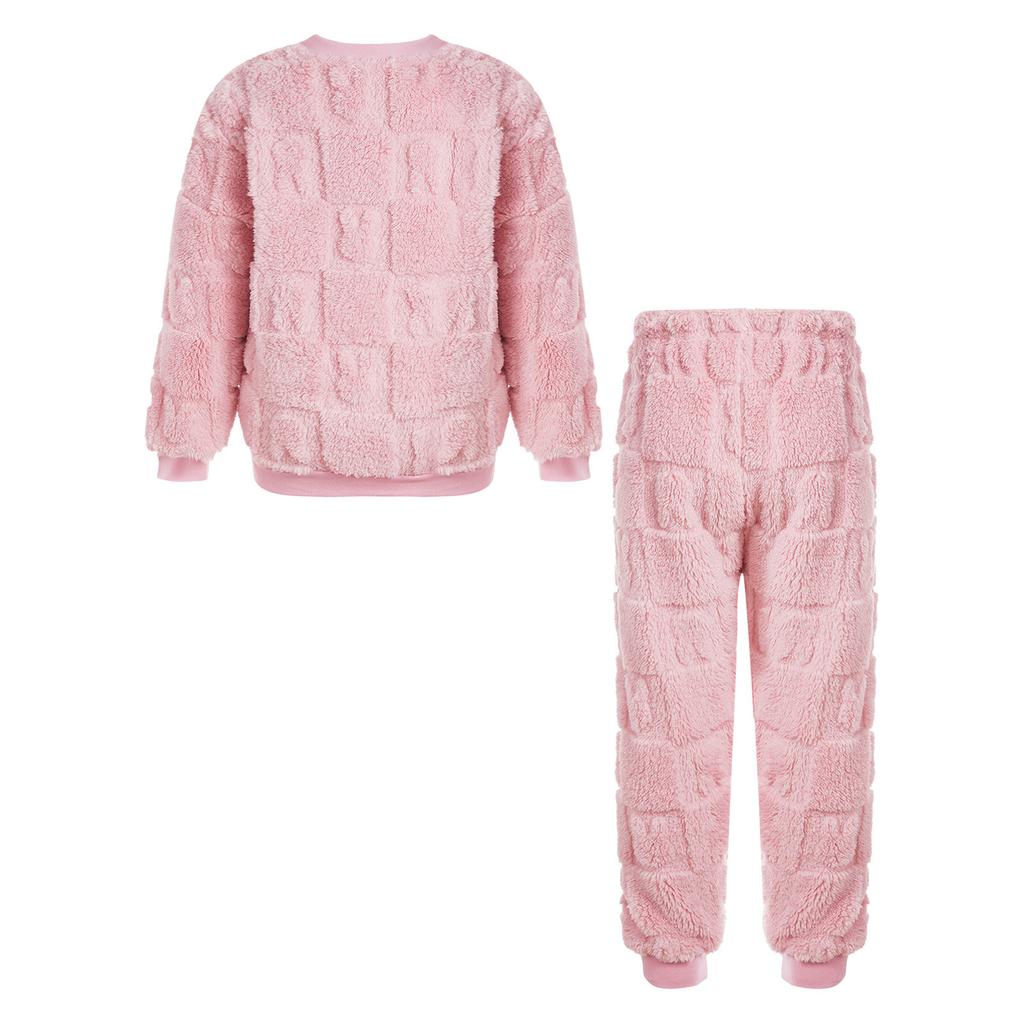 Boys Girls Flannel Pajamas Set Casual Homewear Round Neck Long Sleeve Tops Elastic Waist Pants