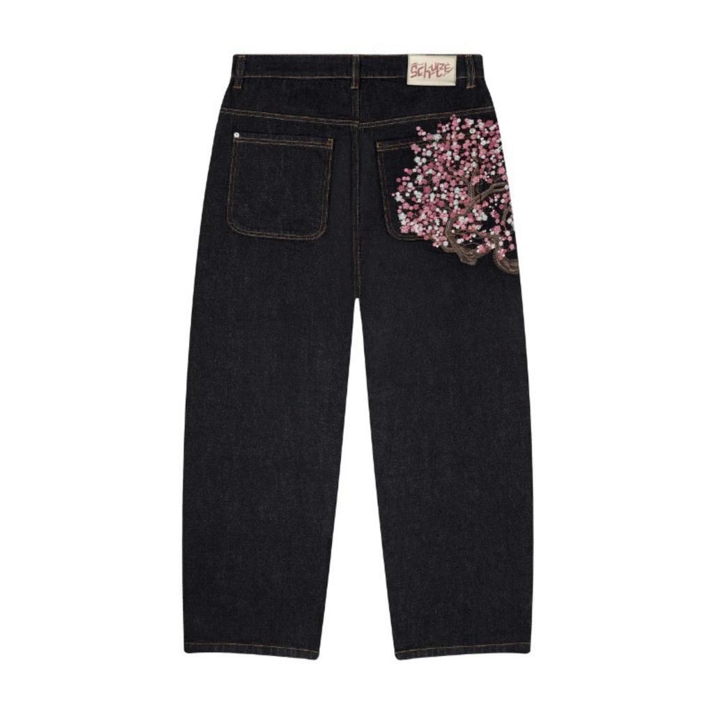 BeatStreet Vintage Cherry Blossom Black Knight Embroidery Jeans Y2k Retro Baggy Straight Denim Pants Blue Wash Jean
