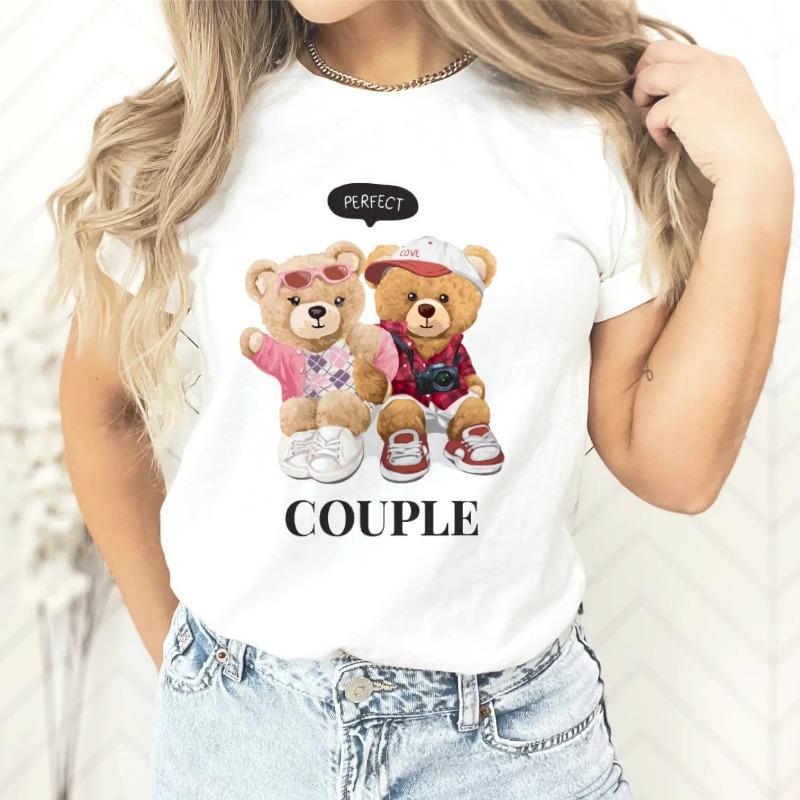 Nuova coppia T-shirt stampata con orsetto di peluche Europa e Stati Uniti Moda Top girocollo Donna Top T-shirt oversize Harajuku