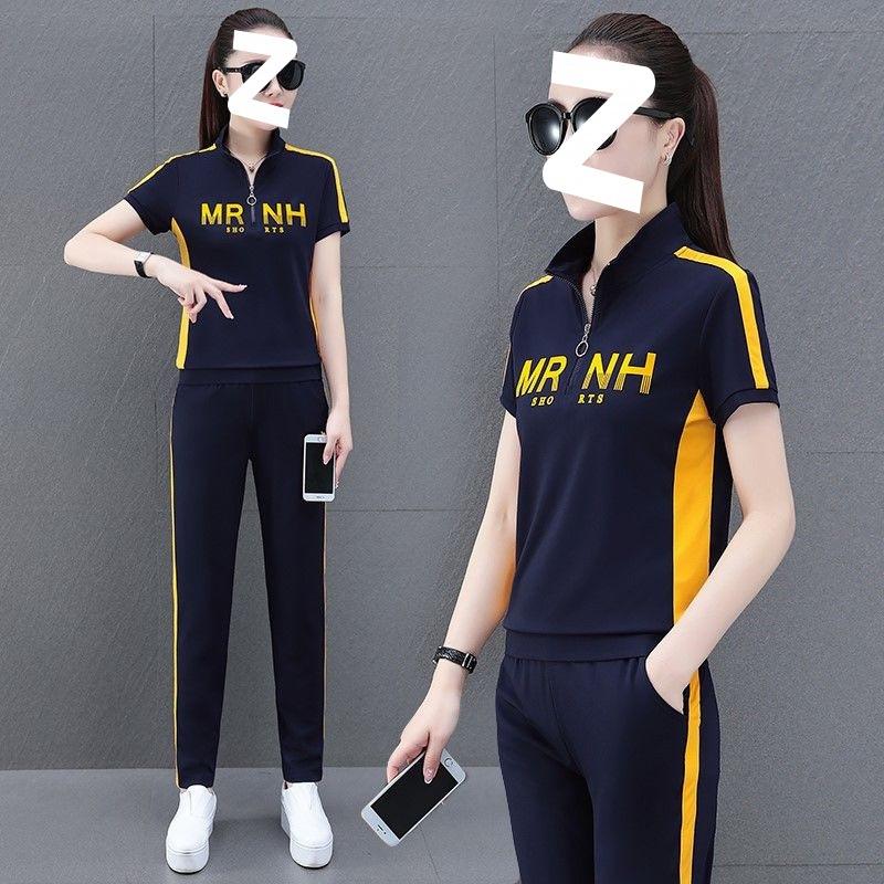 Plus Size Suit Women's Summer Fashion Stand-up Collar Sweatshirt Running Short-sleeved Sportswear Casual Two-piece Set