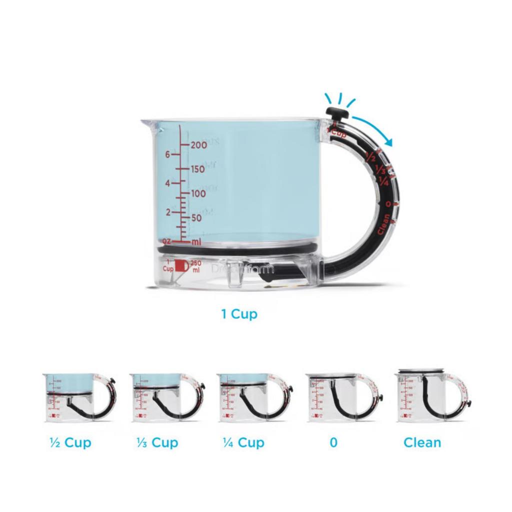 4-in-1 Adjustable Measuring Cup with 1/4 Cup 1/3 Cup 1/2 Cup 1 Cup Red Graduations 11.6 X 9 Cm Diameter X Height 1 Piece