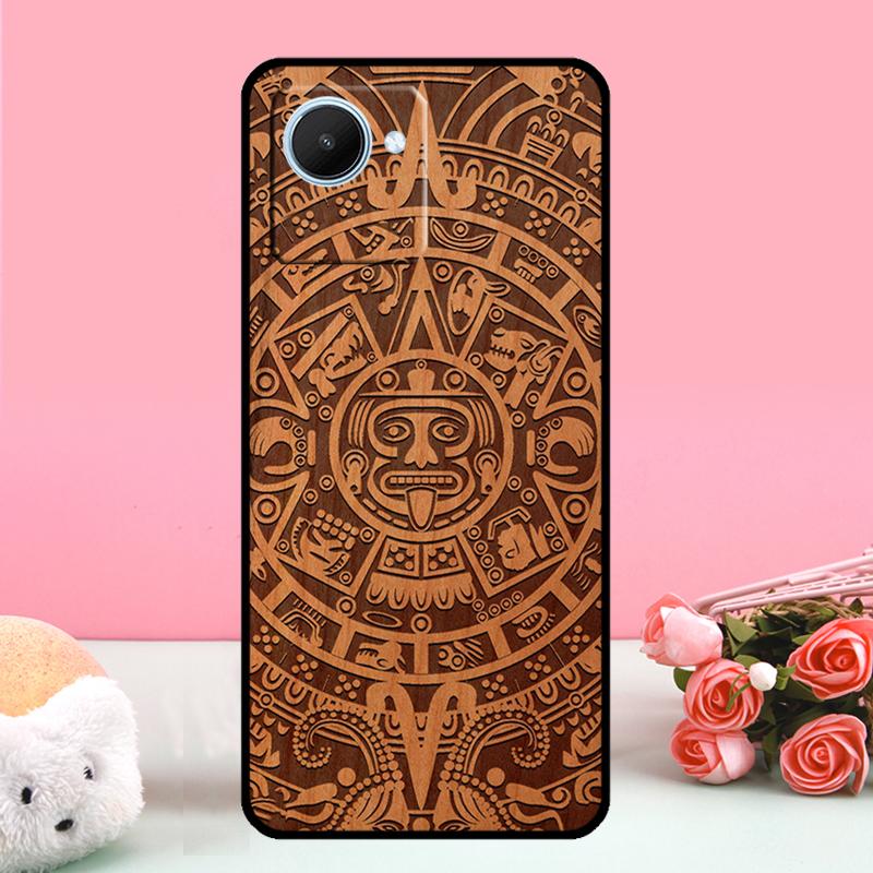 Custodia con motivo in legno con calendario Maya per Realme GT 5 Pro GT3 Neo5 9 10 11 12 Pro Plus C25s C21Y C30 C31 C33 C51 C53 C55 C35