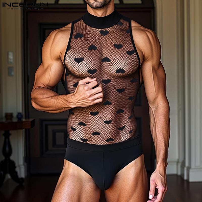 INCERUN Ανδρικά Κολάν Αμάνικα με Ψηλό Λαιμό Patchwork Διχτυωτά Διαφανή Εσώρουχα Ολόσωμες Φόρμες