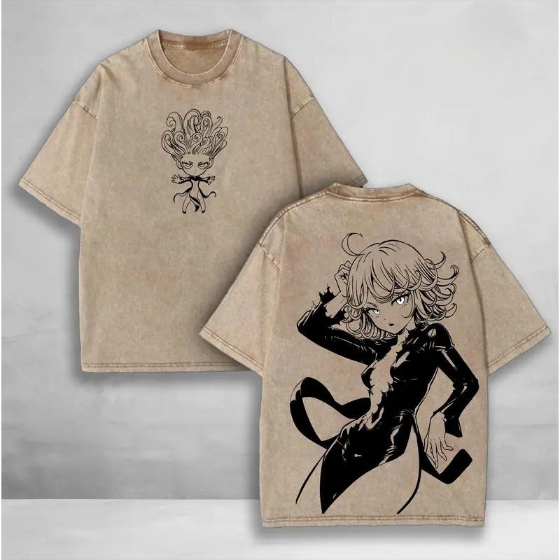 Футболка с принтом Тацумаки ONE PUNCH MAN Аниме Одежда Мужская Женская Хлопковые Футболки Винтажная Стирка Футболка Харадзюку Мужская Оверсайз Футболка XXL 1490₽
