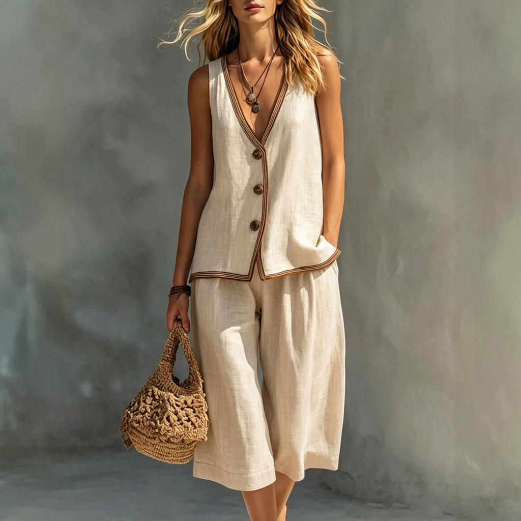 Women 2 Piece Outfit Sleeveless V Neck Button Vest & Capri Culottes Set Summer Holiday Casual Linen Look Suit
