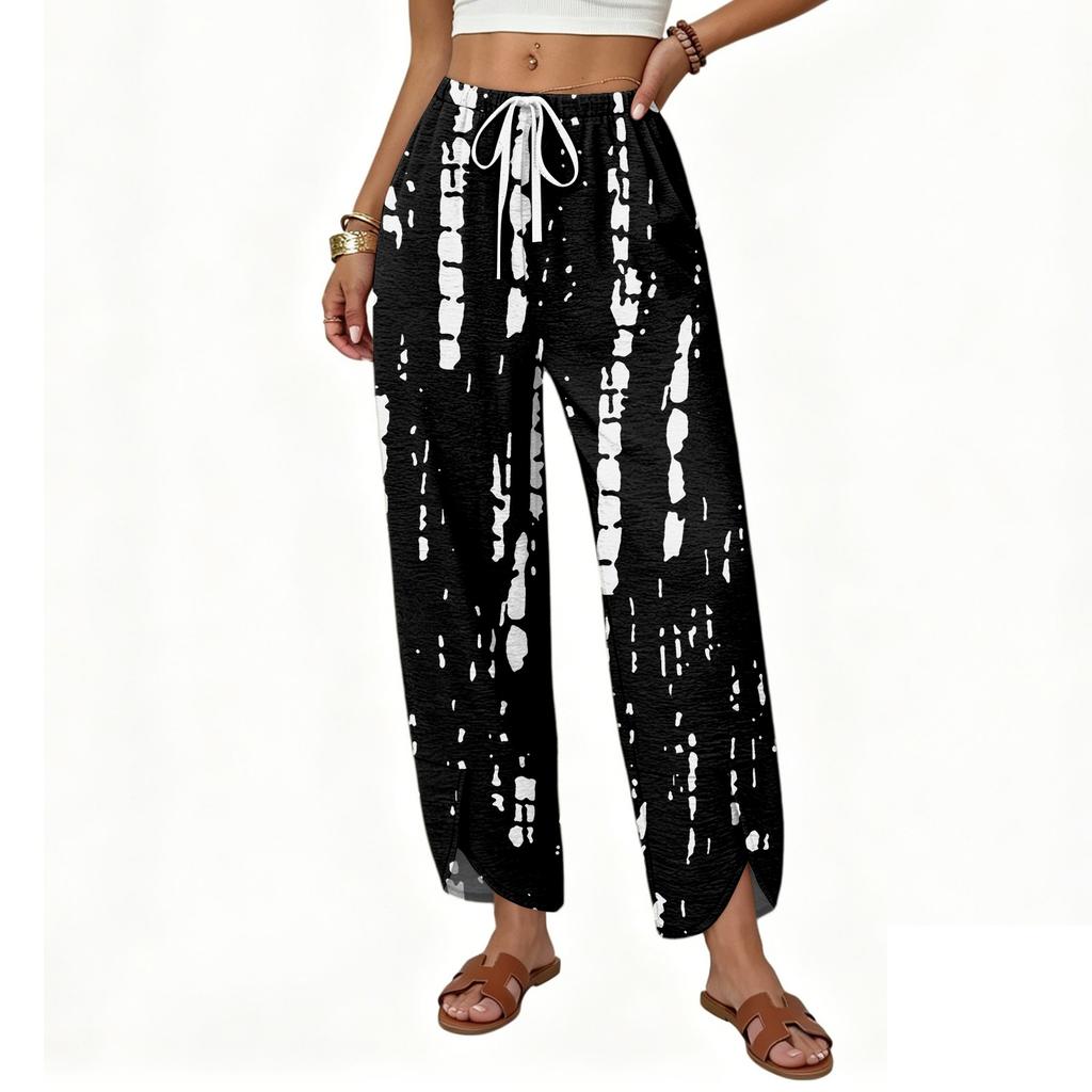 Damen Lässige Weite Hosen Lockerer Sitz Gerader Schnitt Knopfdetail Bedrucktes Muster Kordelzug Taille Lange Hosen