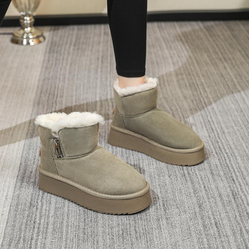 Fleece snow boots women's new winter leather short boots fleece thickened versatile inner heightening platform cotton shoes women