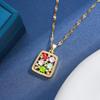 Stylish Women's Colorful Cat's Eye Bohemian Square Pendant Necklace with Stainless Steel Clavicle Chain