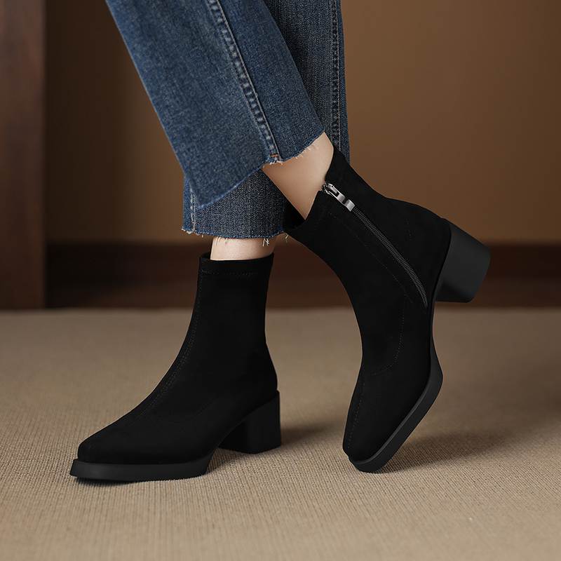 Krazing Pot Flock Round Toe Thick High Heels Chelsea Boots Zip Women Concise Style Ankle Boots