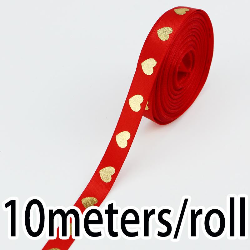 1cm Gold Peach Heart Hot Stamping Love Print Ribbon, 10m/Roll - Ideal for Gift Packaging