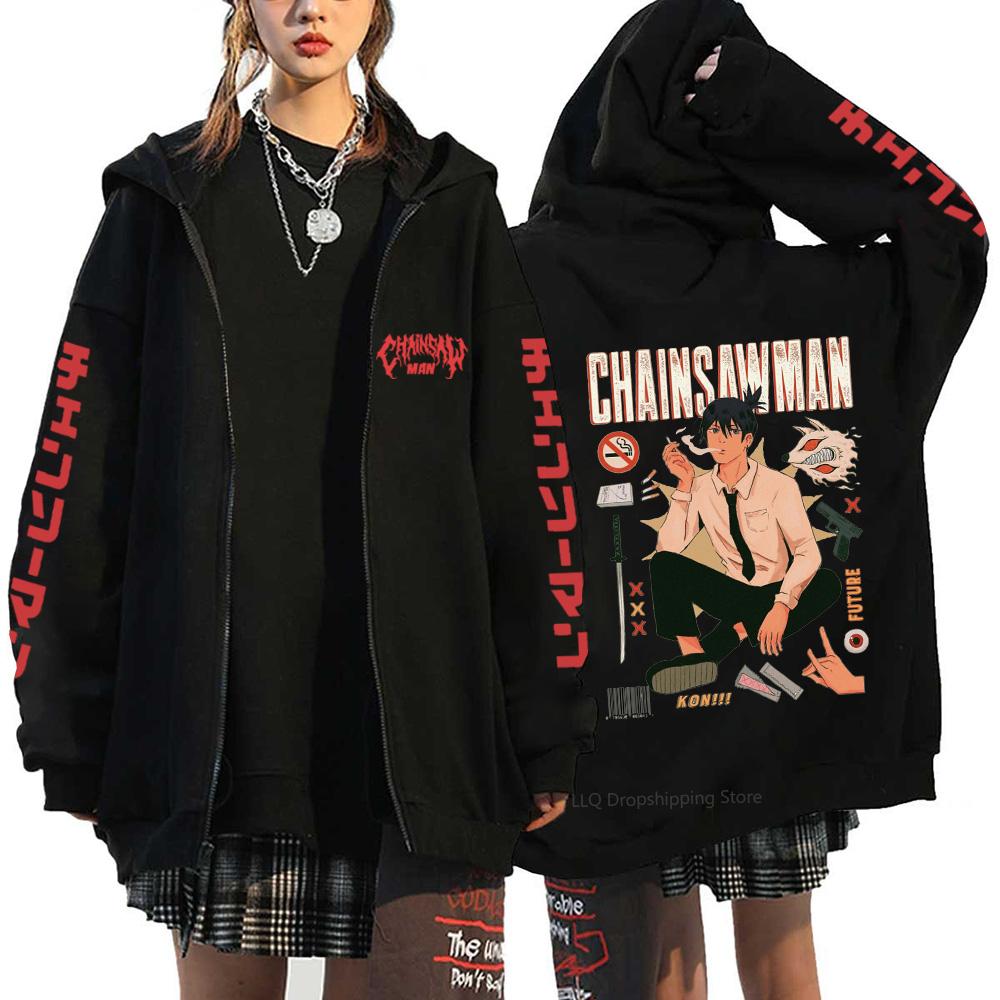 Anime Chainsaw Man Makima Cool Print Hooded Men Women Hot Manga Zip Up Hoodies Plus Size Sweatshirt Harajuku Male Zipper Jacket