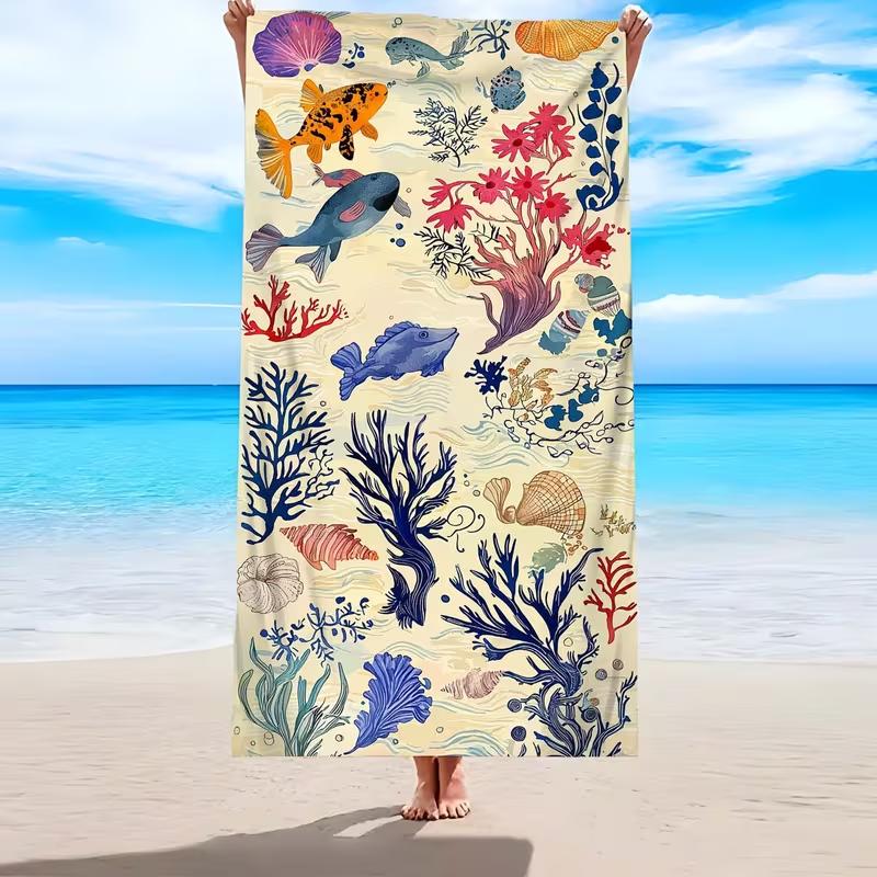 Ocean Starfish Coral Print Beach Towel Coastal Nautical Summer Beach Blanket Quick Dry Lightweight Absorbent Towel for Beach