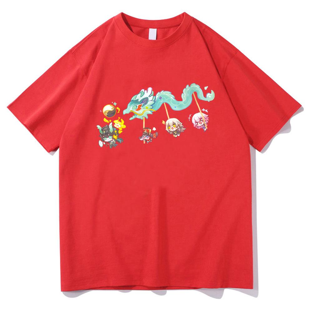 Imbibitor Lunae & Friends Dragon Dance Cotton T-shirt Honkai Star Rail Game Tees Adorable Q-version Cartoon Tops Unisex Clothing