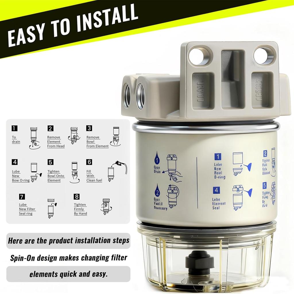 R12T Fuel Water Separator Fuel Filter/Water Separator Marine Complete Kit 10 Micron Filter Replaces Racor S3240 120AT R12T NPT ZG1/4-19 Fit 3/8 Inch
