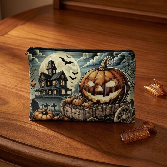 Halloween Themed Pencil Case Storage Bag Large Capacity Cosmetic with Pumpkin Smooth Zipper