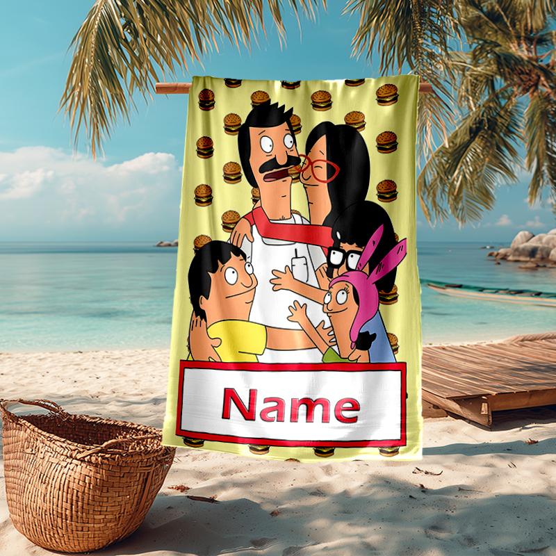 Custom Name Ultra-Soft Beach Towel with Bob's Burgers Theme,Ideal for Pool - Camping, Diving - Perfect Travel Essential, Vibrant Beach Towel.