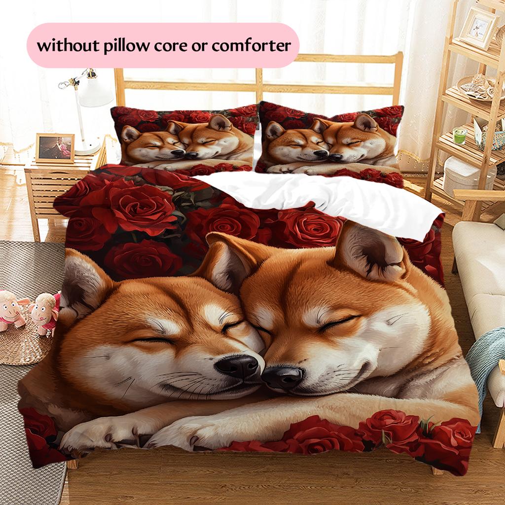 Shiba Inu and Rose Pattern Bedding Home Decoration Birthday Gift (1 * duvet cover + 2 * pillowcase, without core)