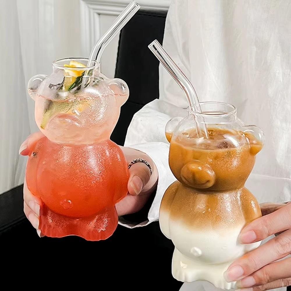 Transparent Bear Coffee Mug 320ML Milk Tea Straw Cup Multi-purpose Clear Bear Glassware Milk