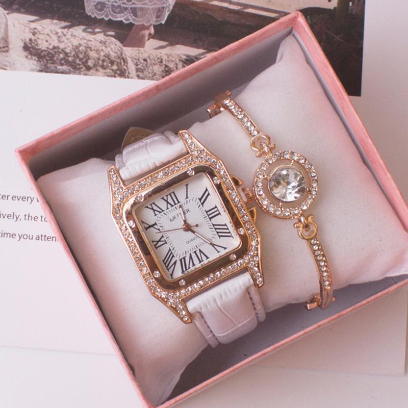 Elegant Roman Numeral Rhinestone Ladies Square Watch & Gift Set