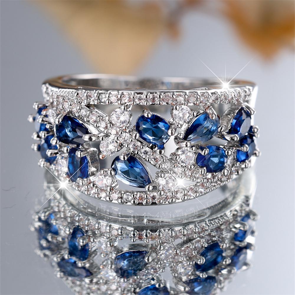 Blue Crystal Zircon Water Drop Stone Engagement Rings For Women Vintage Silver Color Wedding Bands Birthstone Jewelry Party Gift