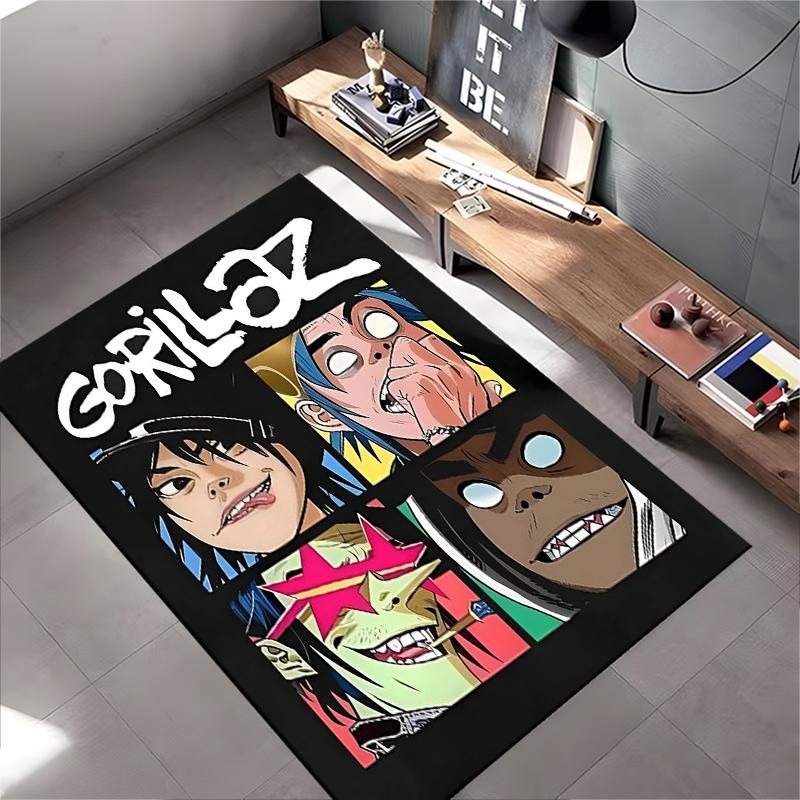 Area Rug, Gorillaz Band Four Faces Square Grid Cartoon Poster Print, Man Cave Decor, Non-Slip Mat