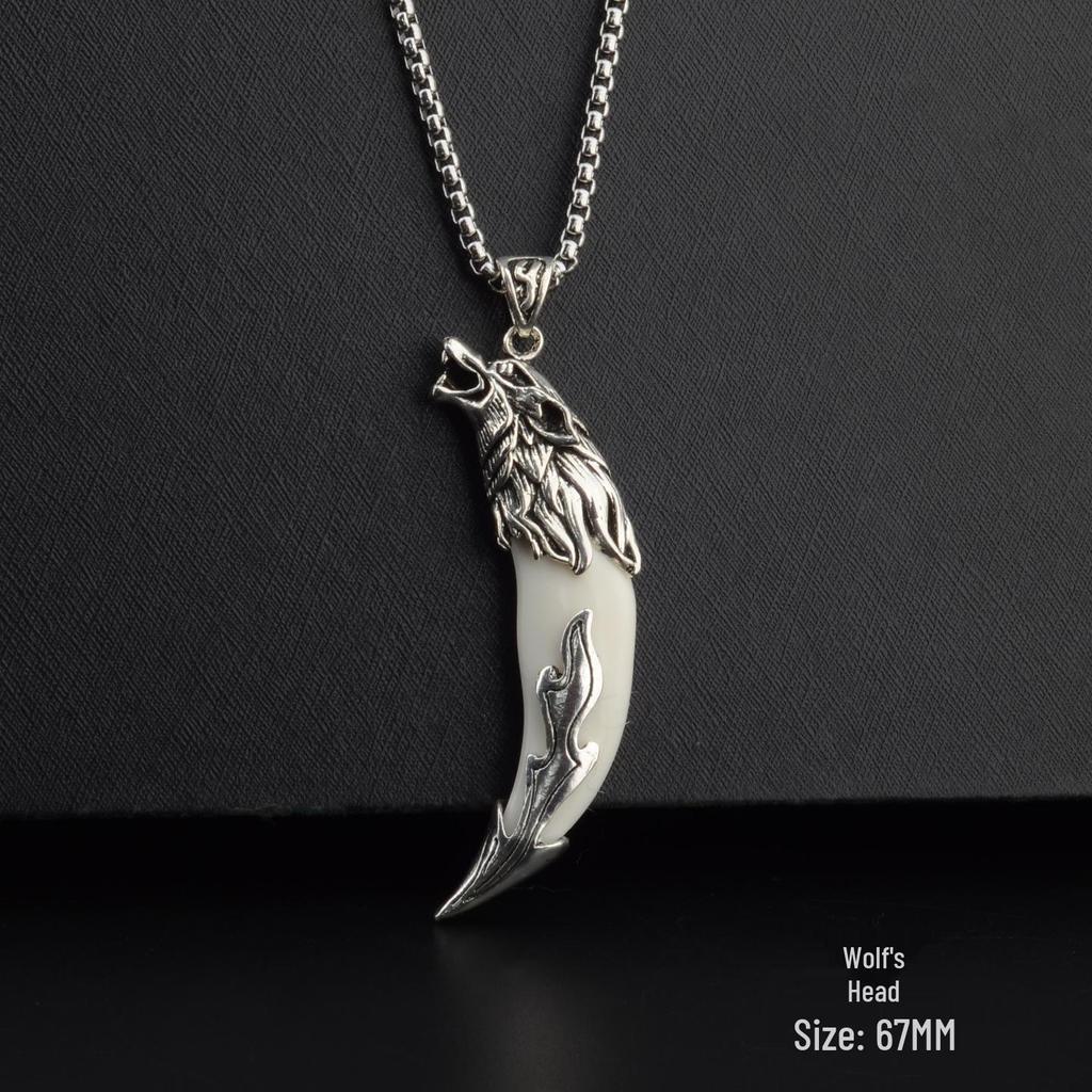 Men's Tibetan Faux Wolf Tooth Pendant Necklace, Titanium Steel Chain, Nepalese Style