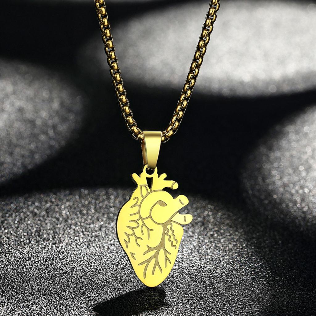 Kinital Laser Carved Exquisite Fashion Stainless Steel Necklace Anatomic Human Heart Charm Necklace Birthday Commemorative Gift