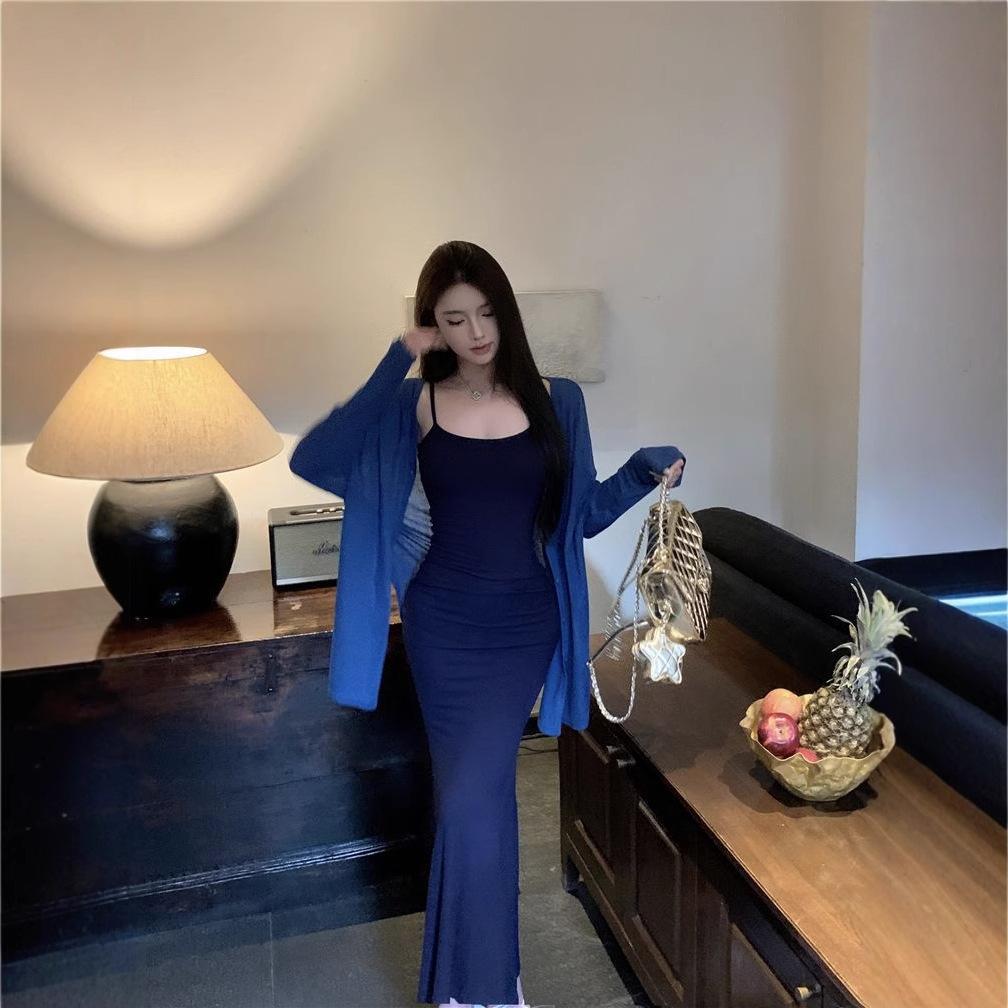 Pure desire wind sexy seaside suspender dress women's summer beautiful sleeveless waist thin fishtail hip wrap medium and long dress