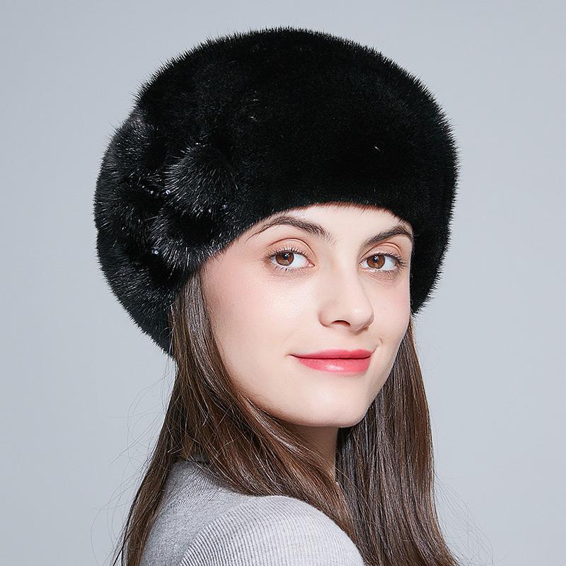 Mink Fur Winter Hats Women Real Mink Fur Berets Warm Genuine Fur Caps With Flower New Female Hat